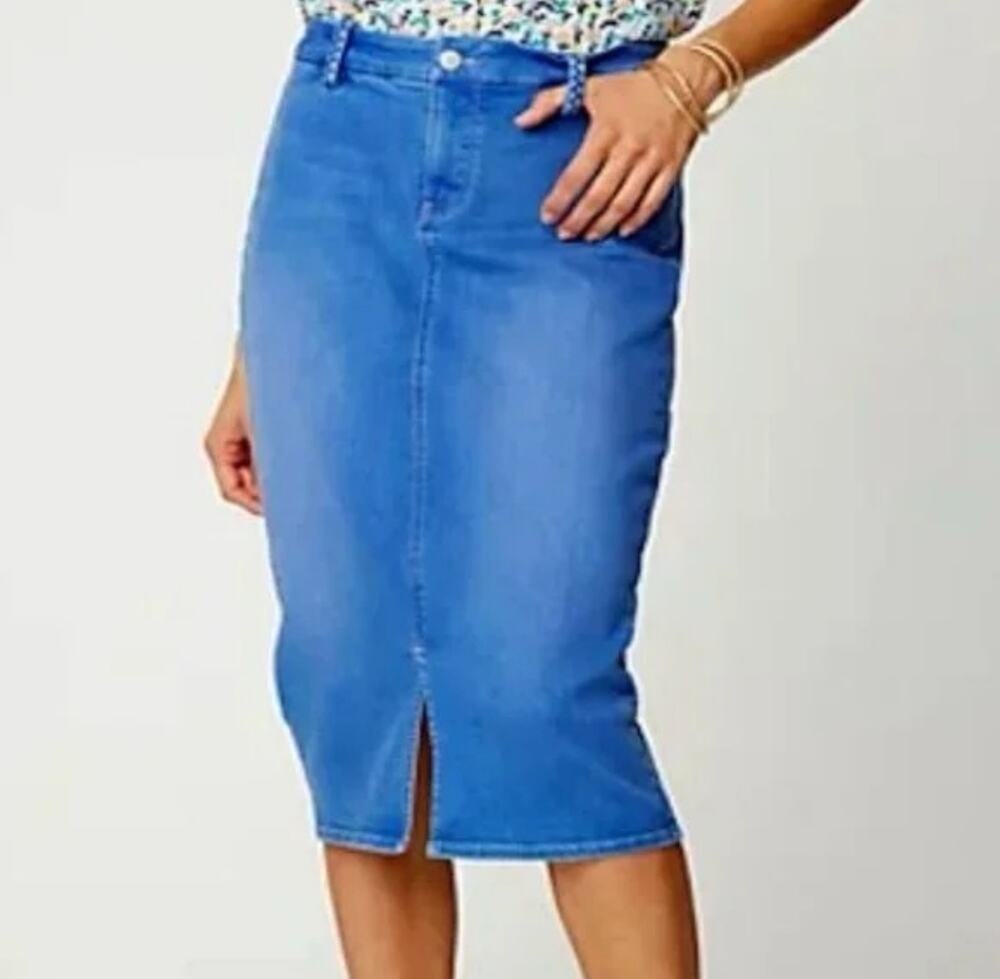 NYDJ Womens 4 Denim Midi Skirt Braided Belt Loops Cotton Jean Skirt NWT